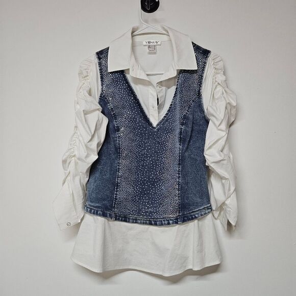 VENUS Blue Denim Vest with White Sleeves Size 8 - Picture 1 of 5